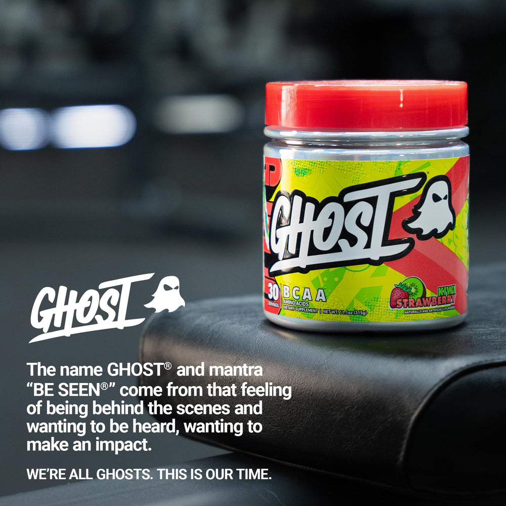 GHOST BCAA Kiwi Strawberry label detail highlights vegan-friendly and sugar-free benefits