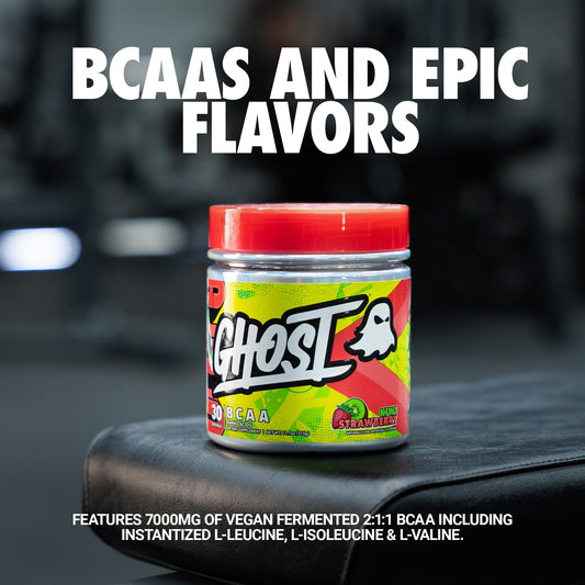 GHOST BCAA Kiwi Strawberry shaker mix ready for pre, intra, or post workout use
