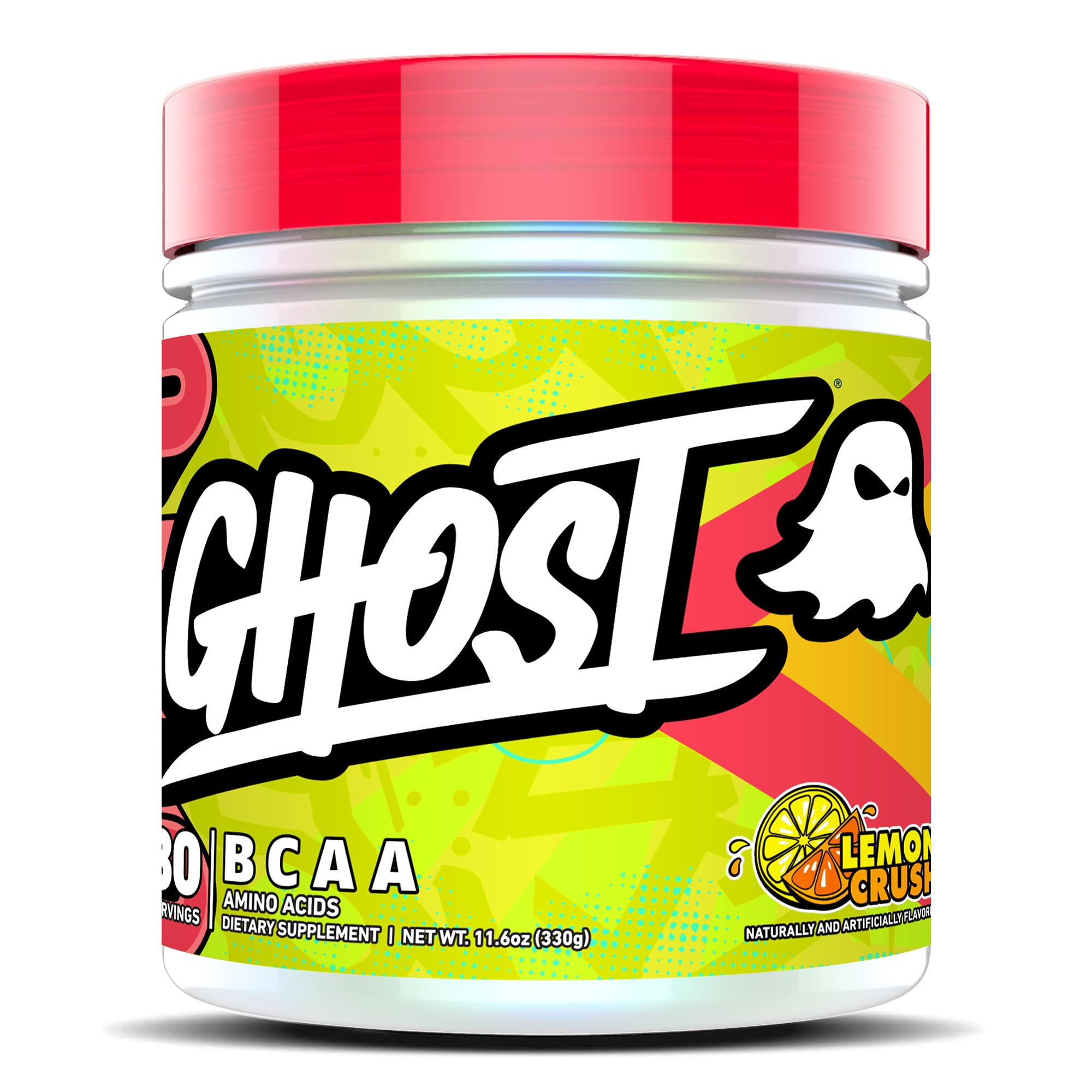 Ghost BCAA Lemon Crush bottle shows a sugar-free formula ideal for pre- or post-workout