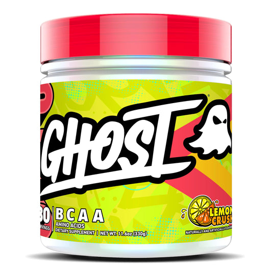 Ghost BCAA Lemon Crush bottle shows a sugar-free formula ideal for pre- or post-workout