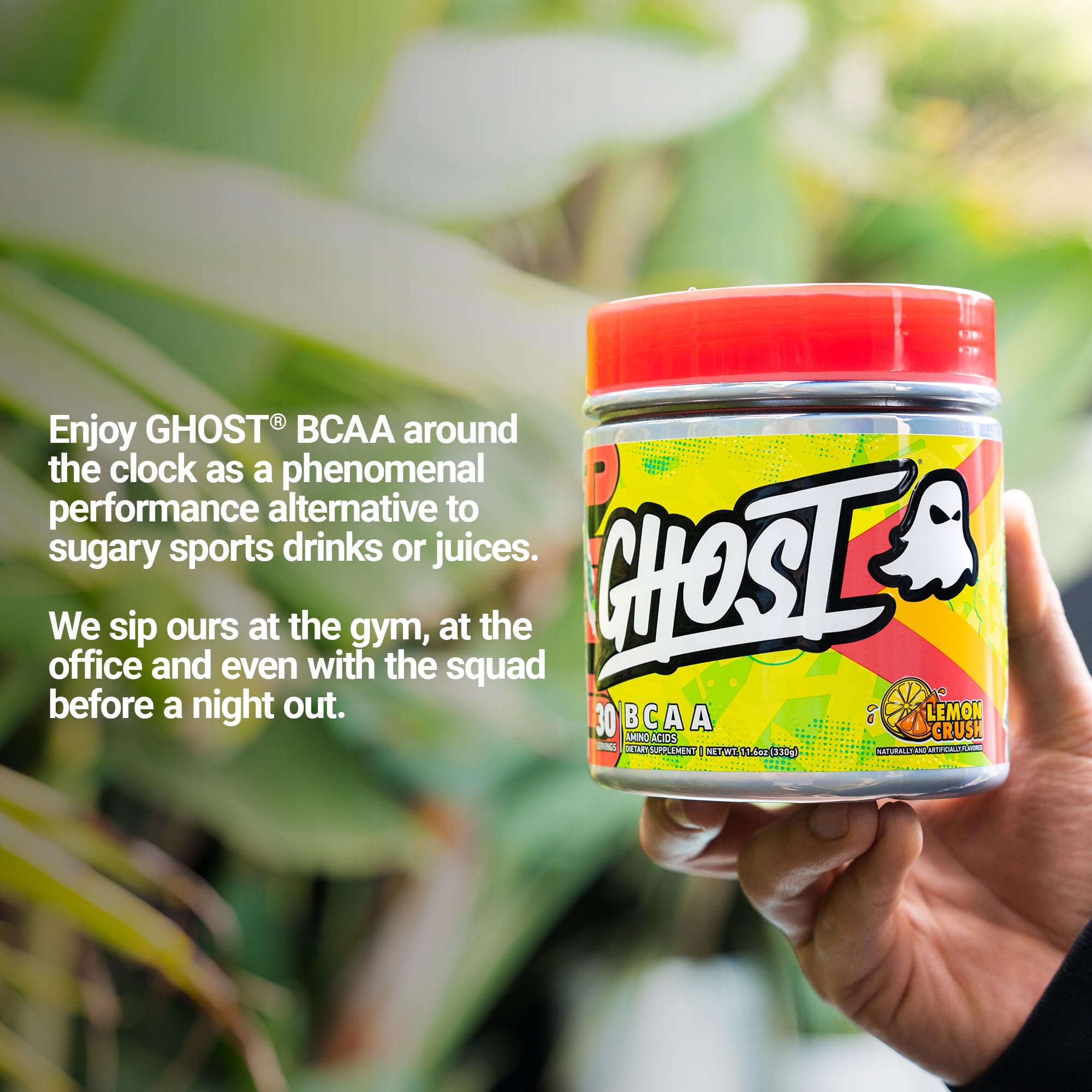 Ghost BCAA Lemon Crush label displays transparent dosing and vegan-friendly ingredients
