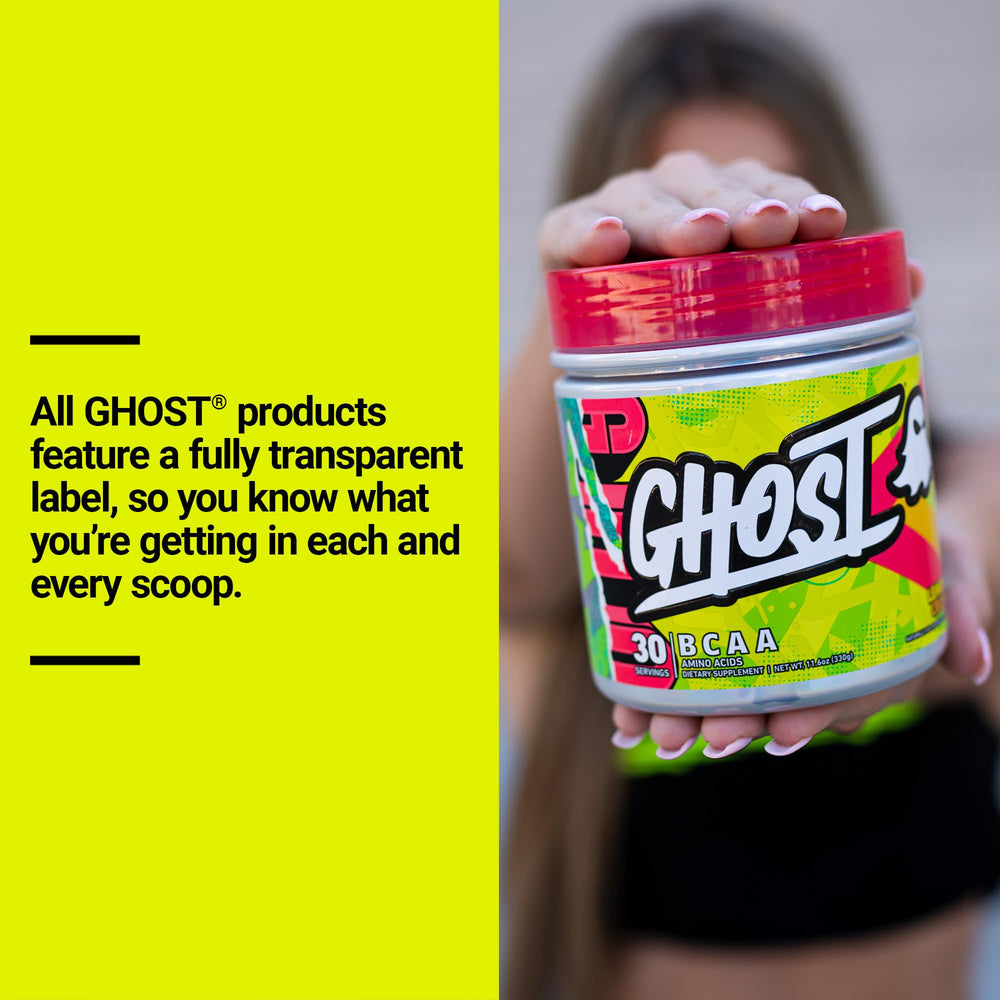 Ghost BCAA Lemon Crush packaging emphasizes 30 servings and sugar-free formula