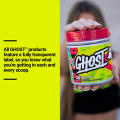 Ghost BCAA Lemon Crush packaging emphasizes 30 servings and sugar-free formula