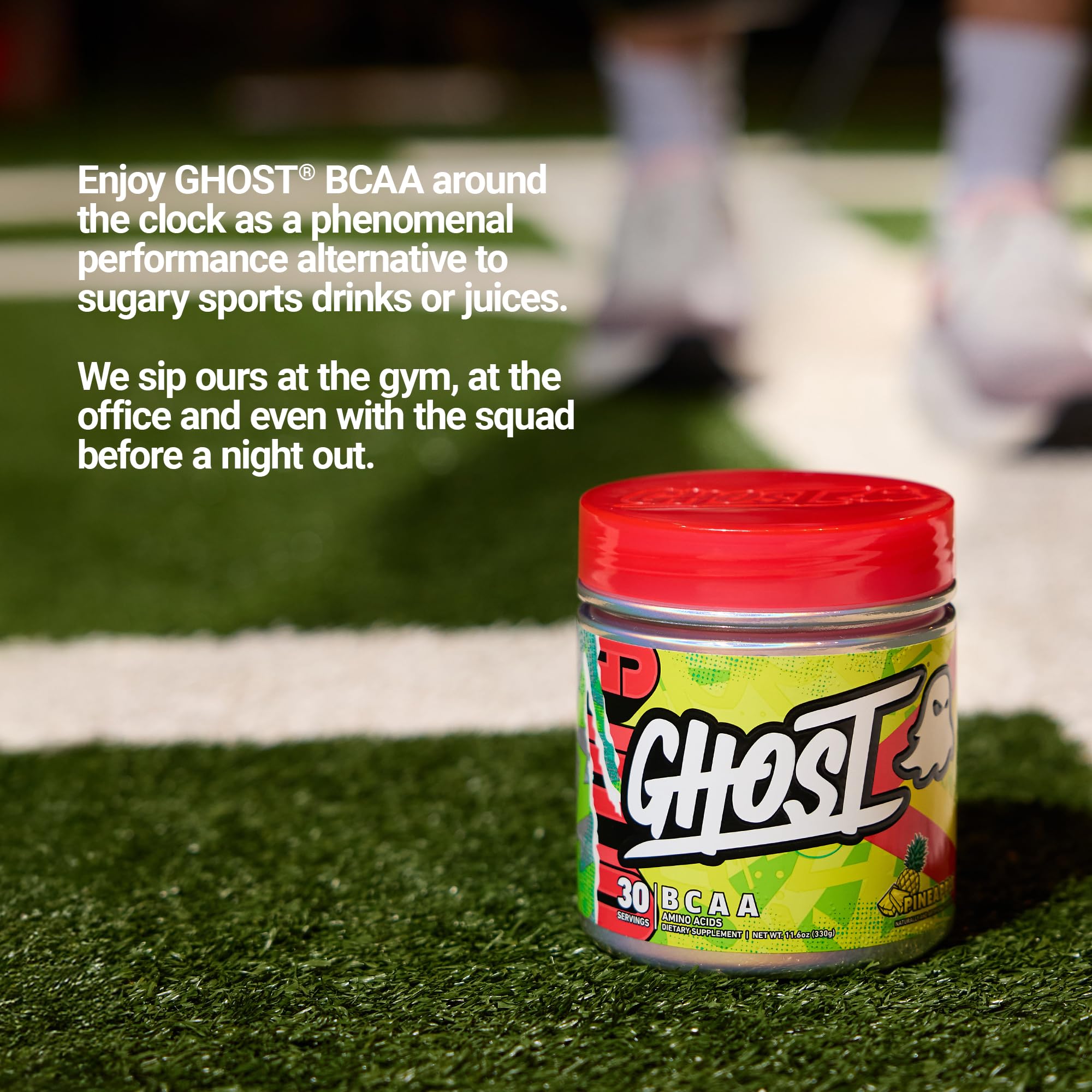 Ghost BCAA Pineapple label closeup highlights 7G BCAAs and sugar-free formula.