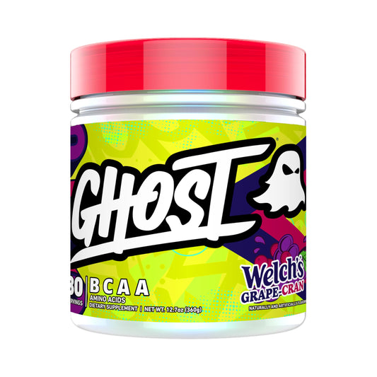 GHOST BCAA powder bottle pouring for a refreshing post-workout amino drink