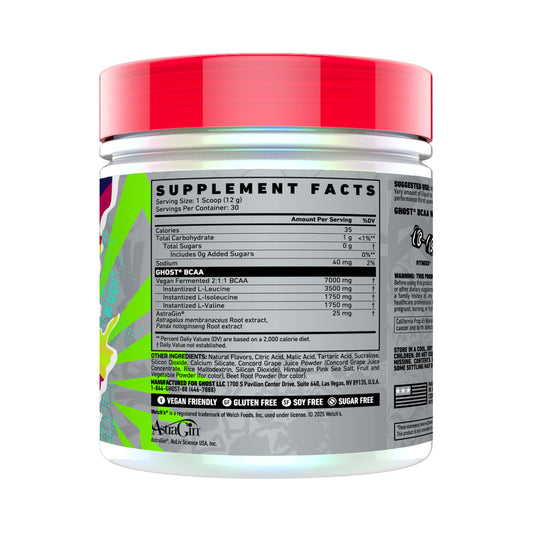 GHOST Welch’s Grape-Cran BCAA with scoop ready to mix for sugar-free recovery