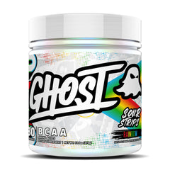 GHOST BCAA Sour Strips Rainbow bottle shows sugar-free intra-workout refreshment.
