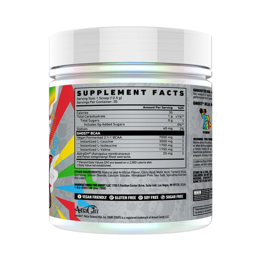 GHOST BCAA Sour Strips Rainbow scoop demonstrates convenient sugar-free recovery.