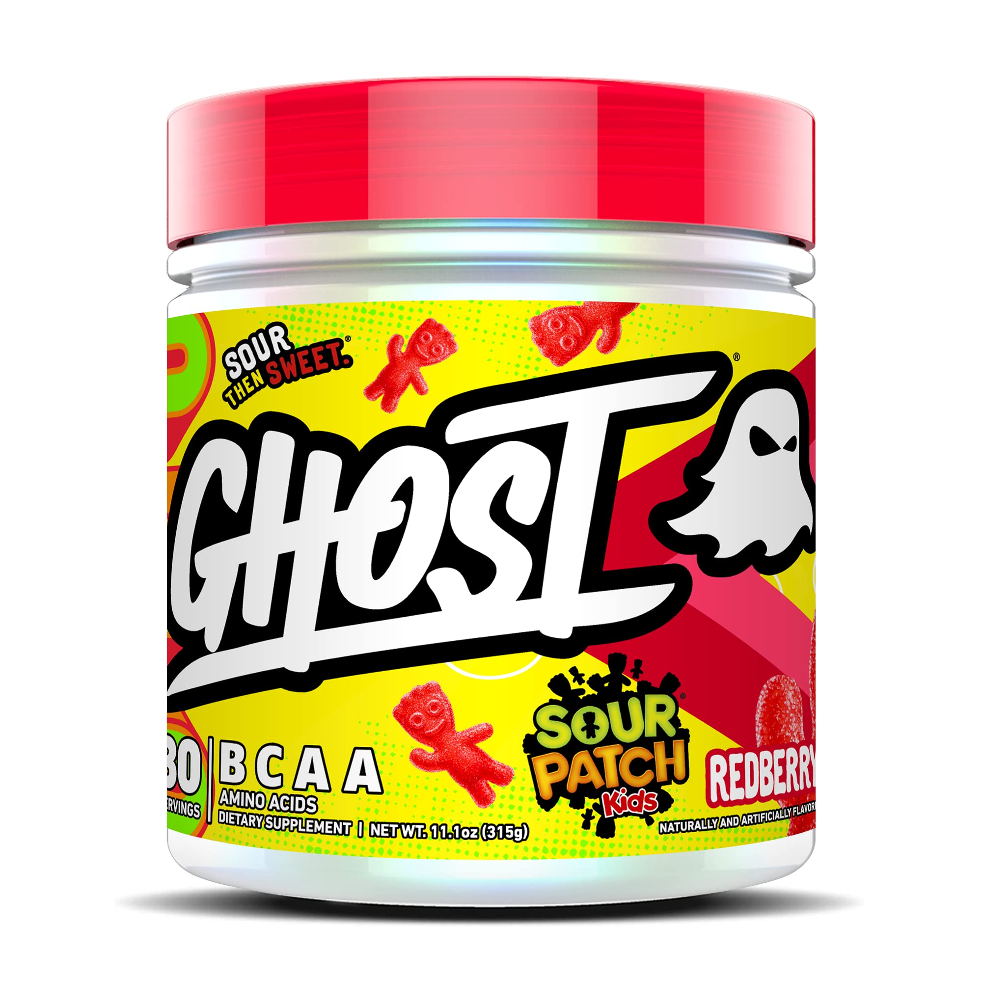 Ghost BCAA Sour Patch Kids Redberry bottle pouring, showcasing vibrant flavor and sugar-free amino support.