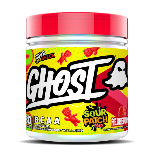 Ghost BCAA Sour Patch Kids Redberry bottle pouring, showcasing vibrant flavor and sugar-free amino support.