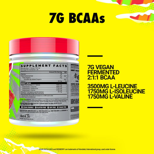 Ghost BCAA Sour Patch Kids Redberry tub with scoop, highlighting 7G BCAAs for workout recovery.