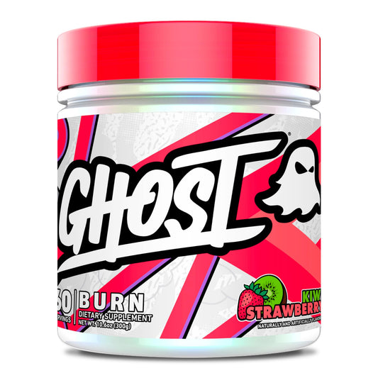GHOST Burn Kiwi Strawberry tub front showing vegan-friendly, sugar-free energy support.