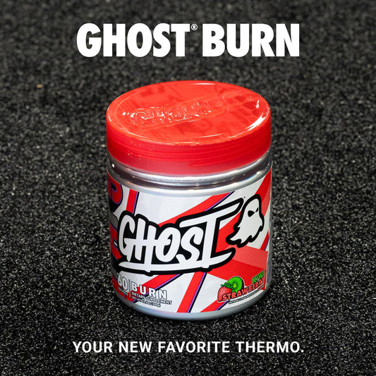 GHOST Burn scoop beside the jar highlights transparent dosage labeling.