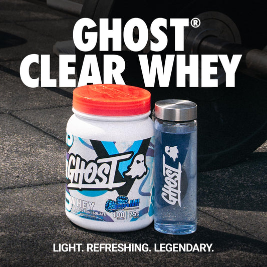 GHOST Clear Whey blue raspberry scoop highlights 25 g protein with zero sugar.