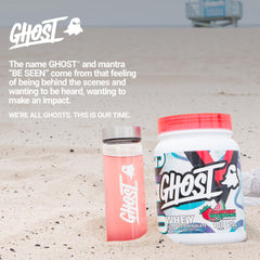 Close-up shows 25 g protein per scoop in Ghost Clear Whey.