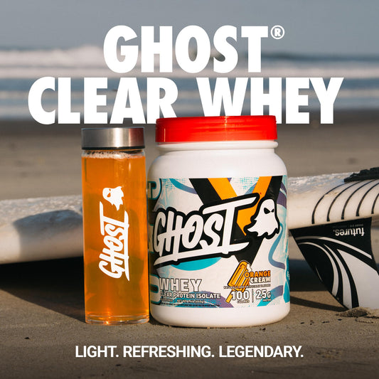 Serving scoop of GHOST Clear Whey Orange Cream highlights 25g protein.