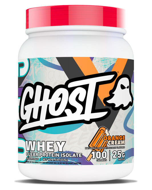 GHOST Clear Whey Isolate Orange Cream tub ready for a protein boost.