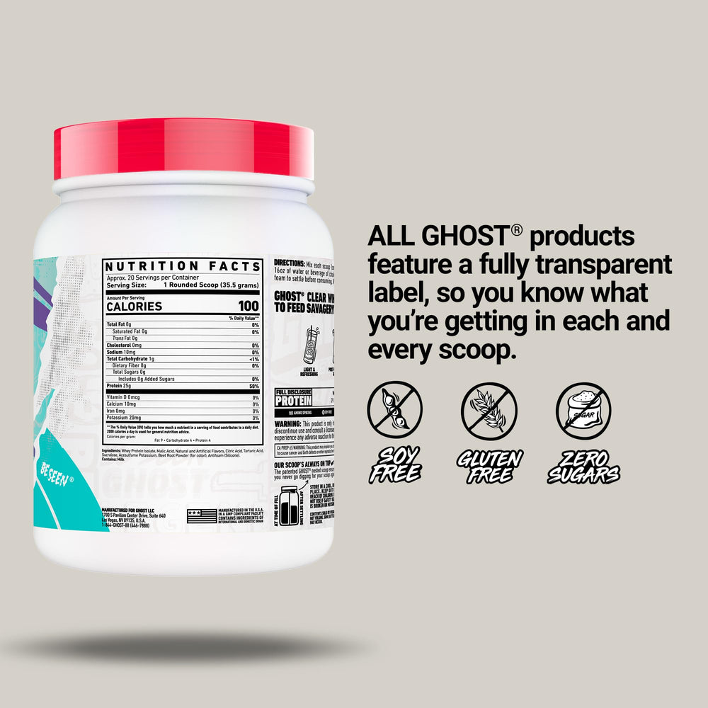 Transparent label on Ghost Clear Whey Isolate highlights ingredients.