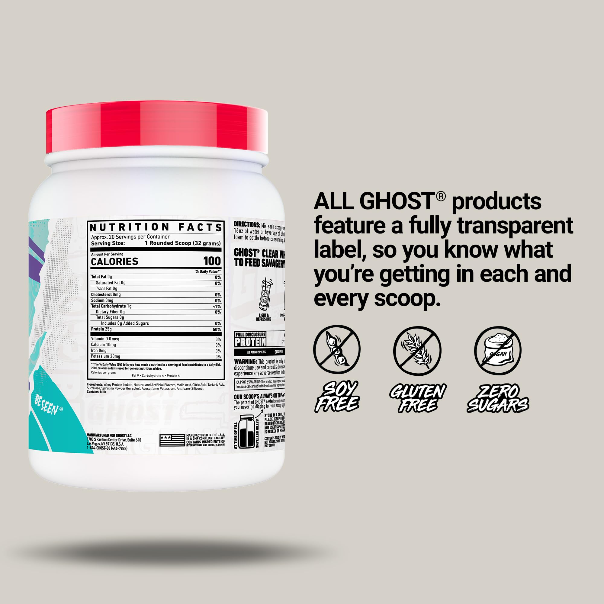 GHOST Clear Whey prepared drink in a glass shows refreshing blue raspberry flavor.