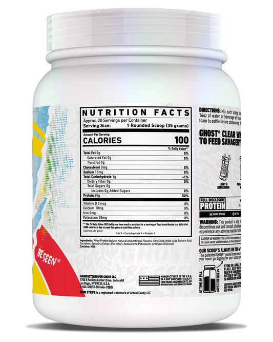 GHOST Clear Whey Sour Strips being poured, highlighting sugar-free, soy-free, gluten-free protein