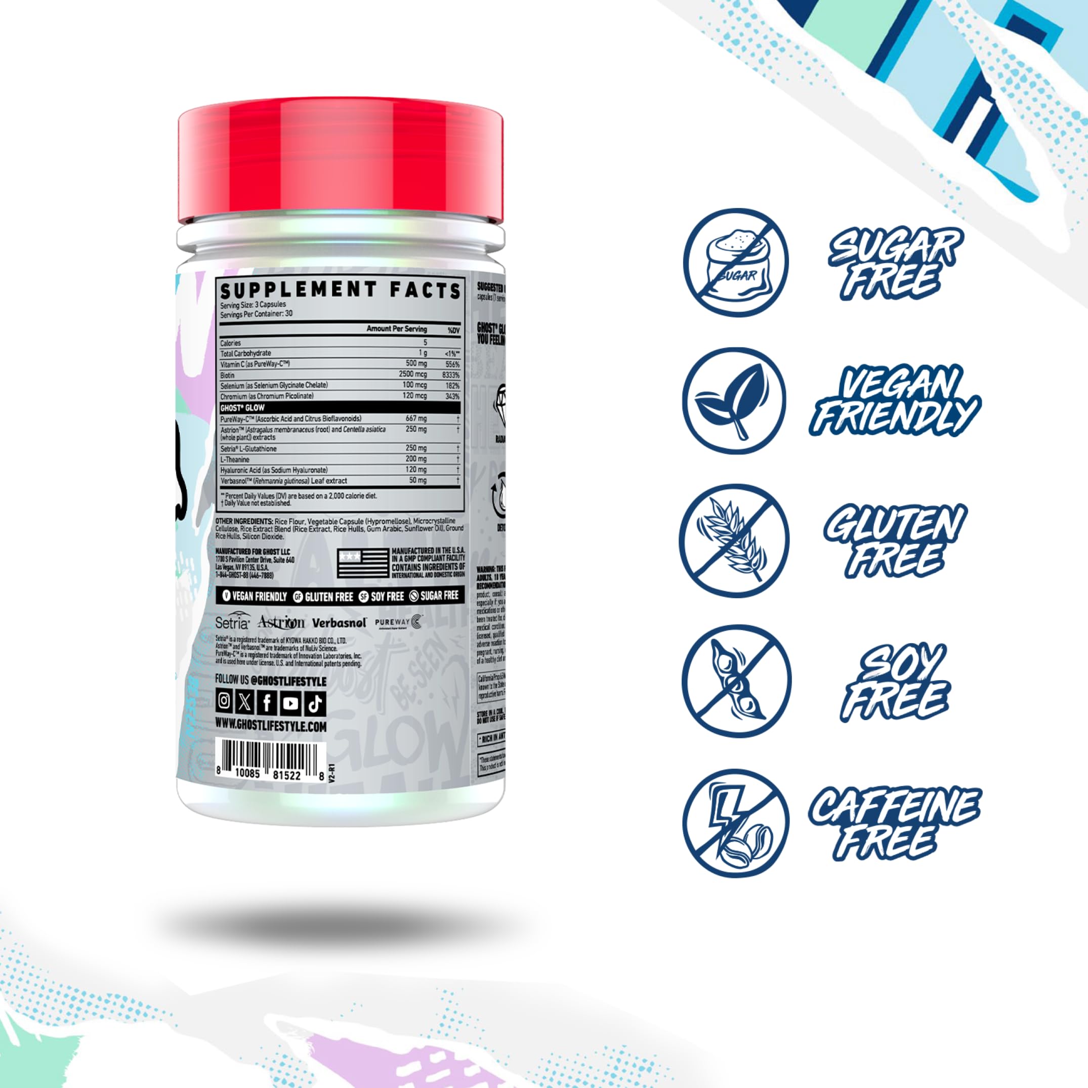 GHOST Glow capsules shown with water, illustrating daily usage