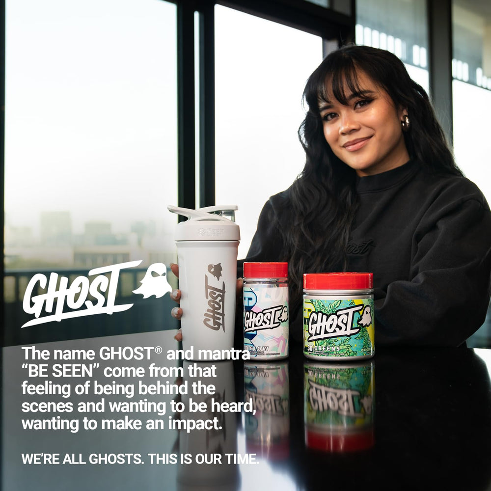 GHOST Glow bottle beside a glass suggesting a hydration-friendly routine