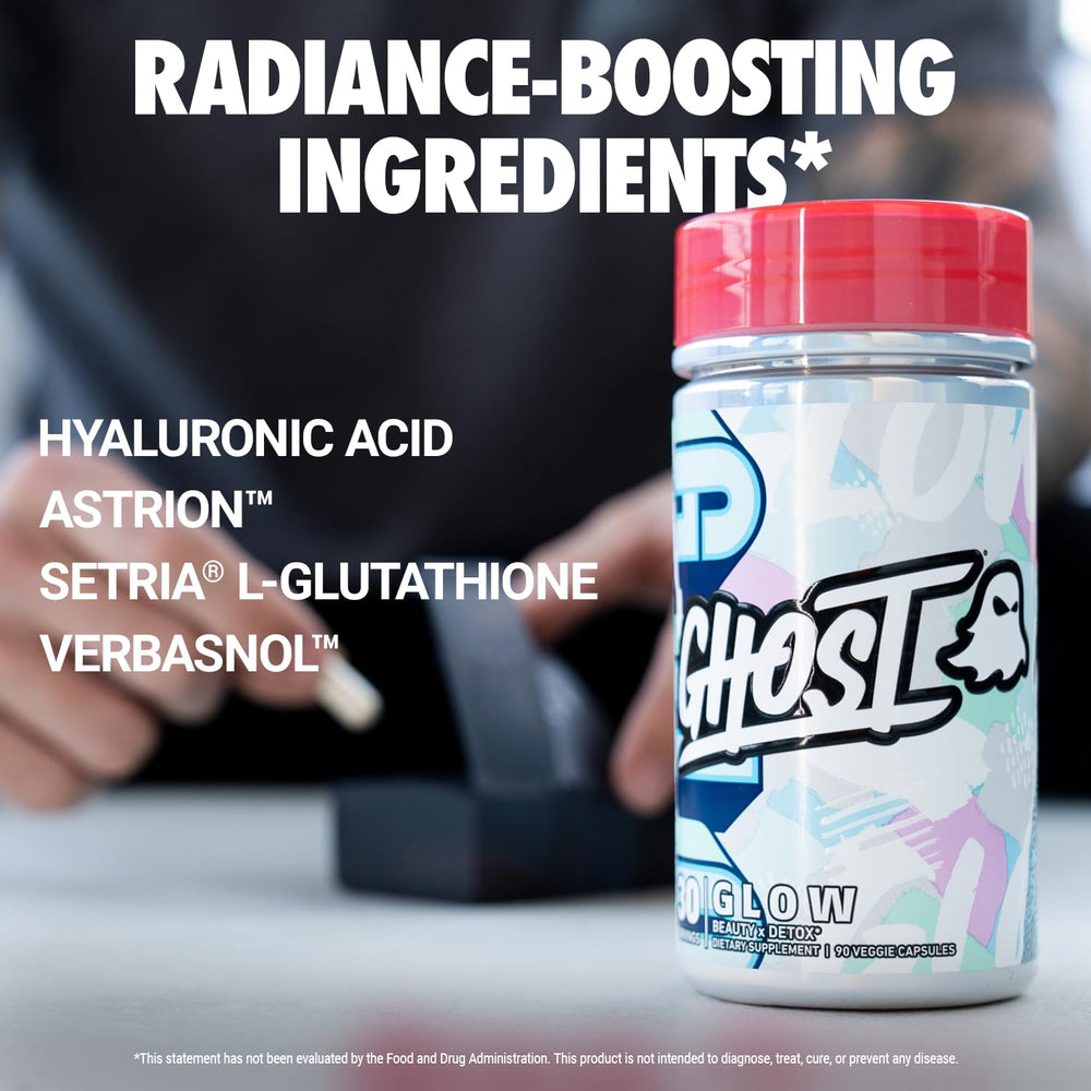 GHOST Glow ingredient list featuring hyaluronic acid for skin hydration