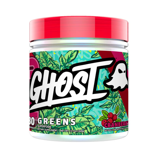 Ghost Greens Cranberry tub label shows 30 servings and probiotic blend