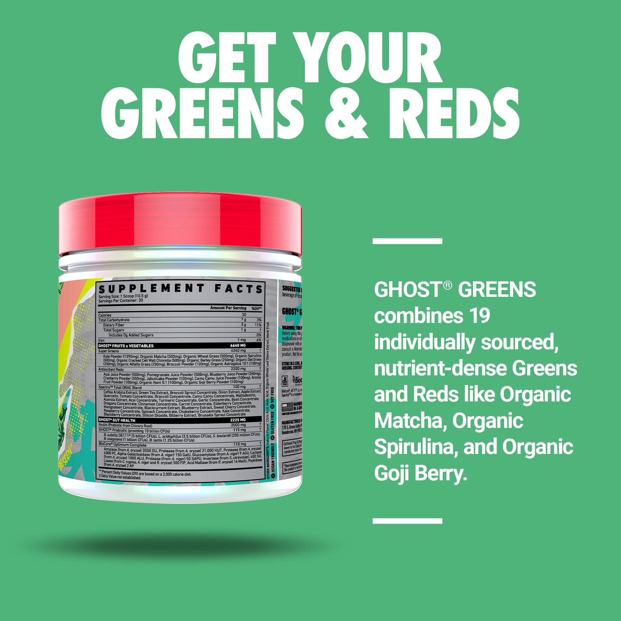 Close-up of GHOST Greens Guava Berry label shows prebiotics and probiotic content.