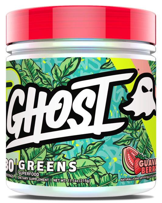 GHOST Greens Guava Berry tub with scoop supports easy daily greens.