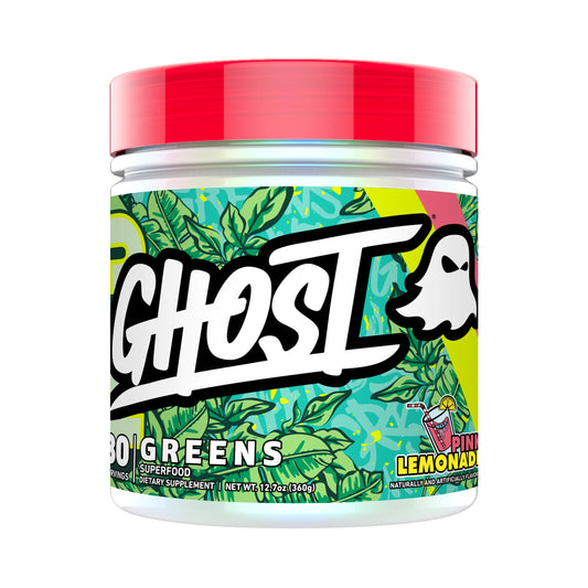 Ghost Greens Pink Lemonade tub front highlights 19 greens and reds for daily nutrition.