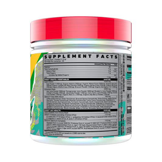 GHOST Greens powder scoop with vibrant texture, ready to mix into smoothies for convenient daily nutrition.