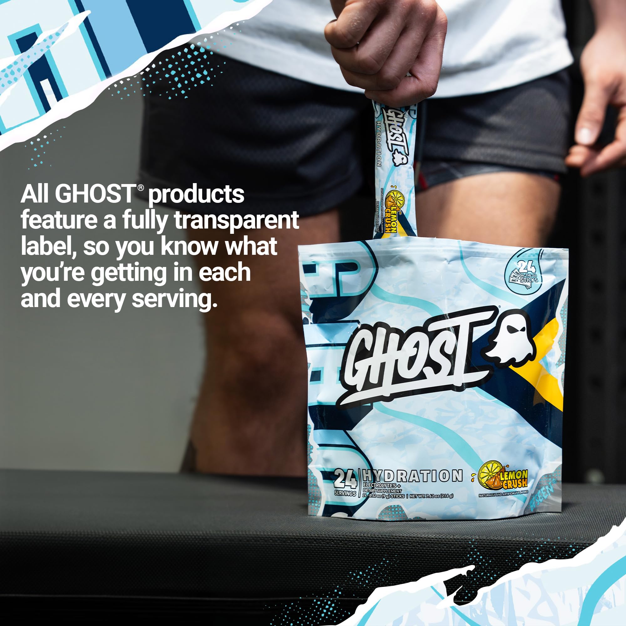 Close-up of GHOST Hydration label showing transparent ingredients