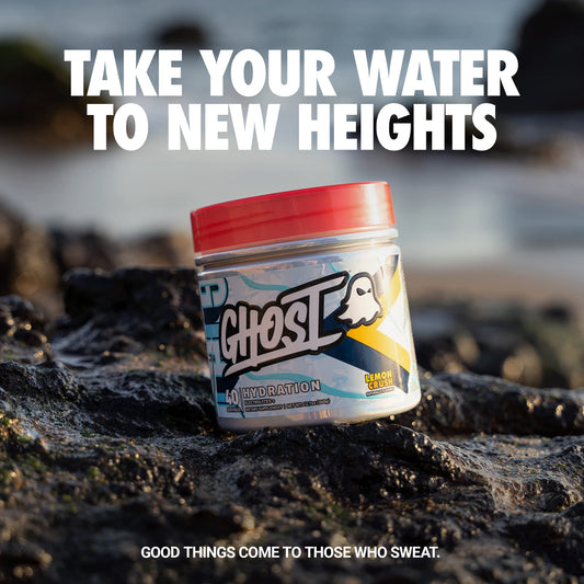 Ghost Hydration Lemon Crush scoop and shaker ready for on-the-go hydration.