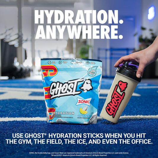 GHOST Hydration stick dissolving in water for electrolyte boost.