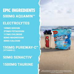Glass of water with GHOST Hydration Sonic Ocean Water showing vibrant color.