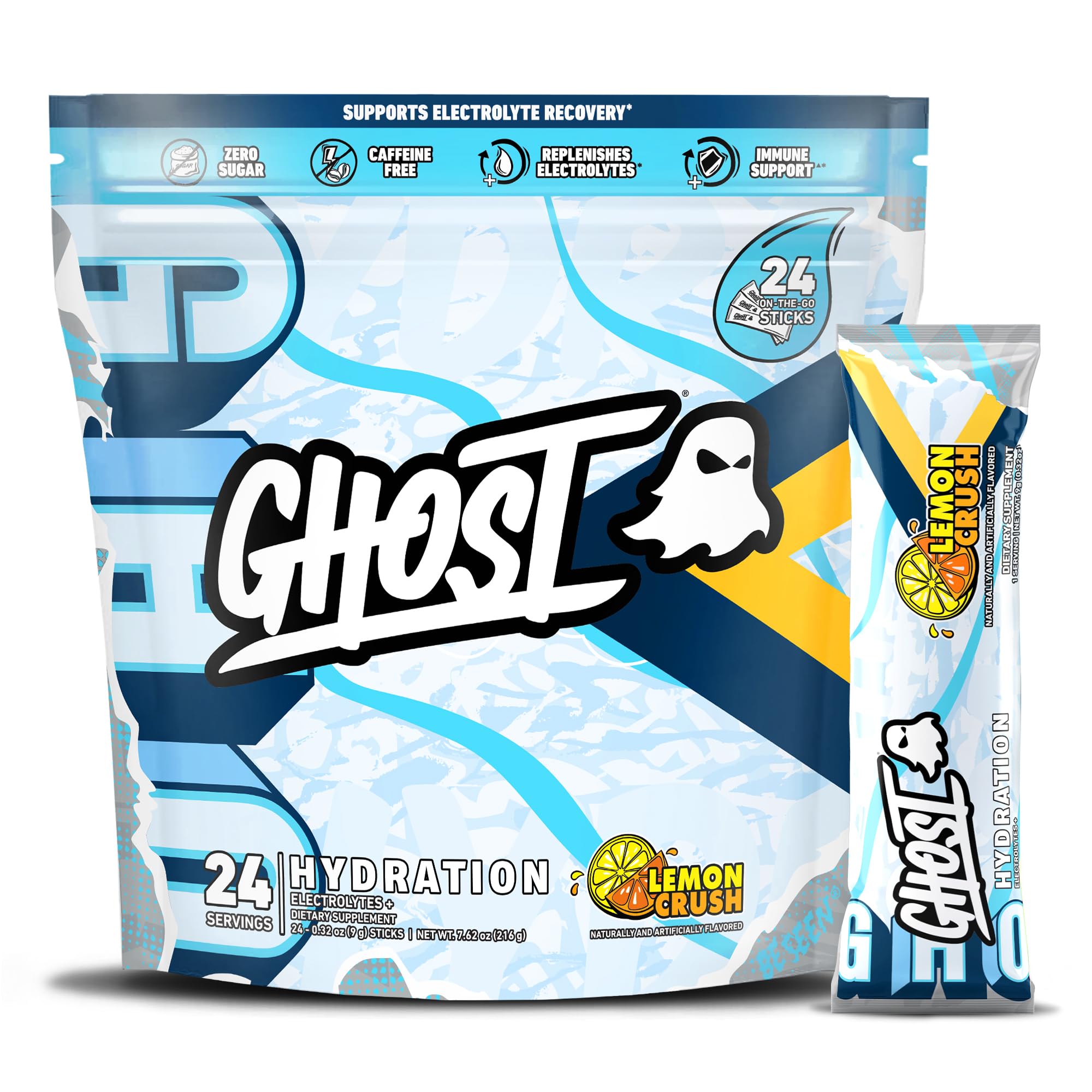 GHOST Hydration Lemon Crush stick dissolving in water to deliver electrolytes