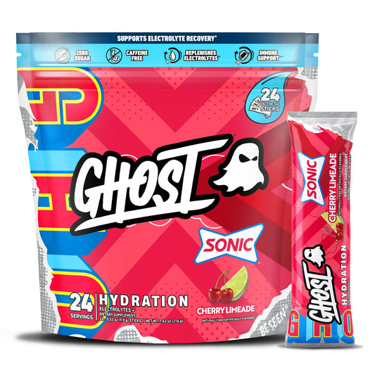 GHOST Hydration Packets Sonic Cherry Limeade tub ready to mix for enhanced hydration.