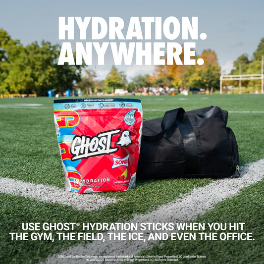 GHOST Hydration Packets stick-dispense showing powder stick ideal for on-the-go hydration.