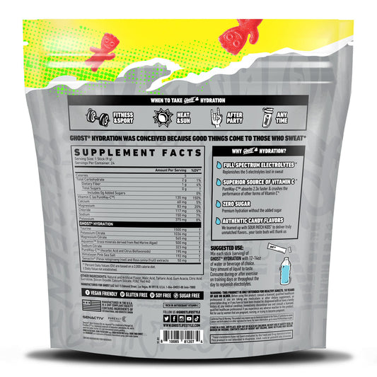 Ghost Hydration stick front label shows Sour Patch Kids Redberry flavor for tasty hydration.