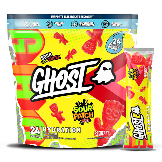 Ghost Hydration stick being poured into water for a refreshing electrolyte boost.