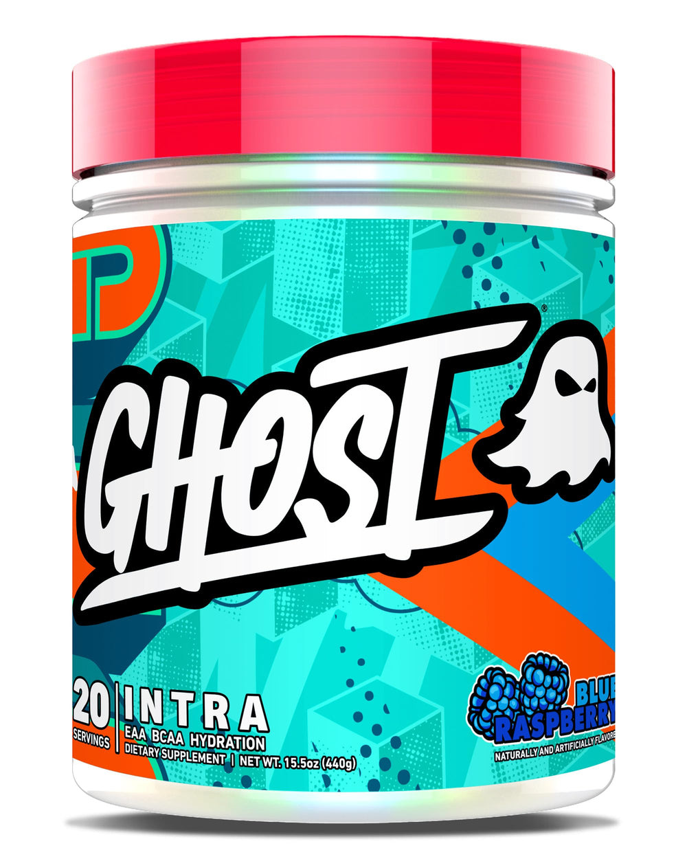 GHOST Intra Blue Raspberry tub showcasing flavor and transparent ingredients for fueling workouts.