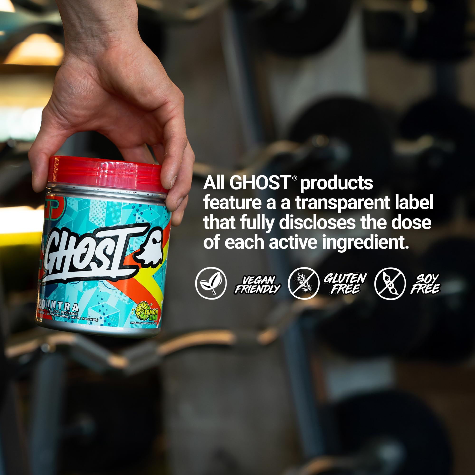 GHOST Intra Lemon Lime packaging highlighting ingredients and vegan formula.