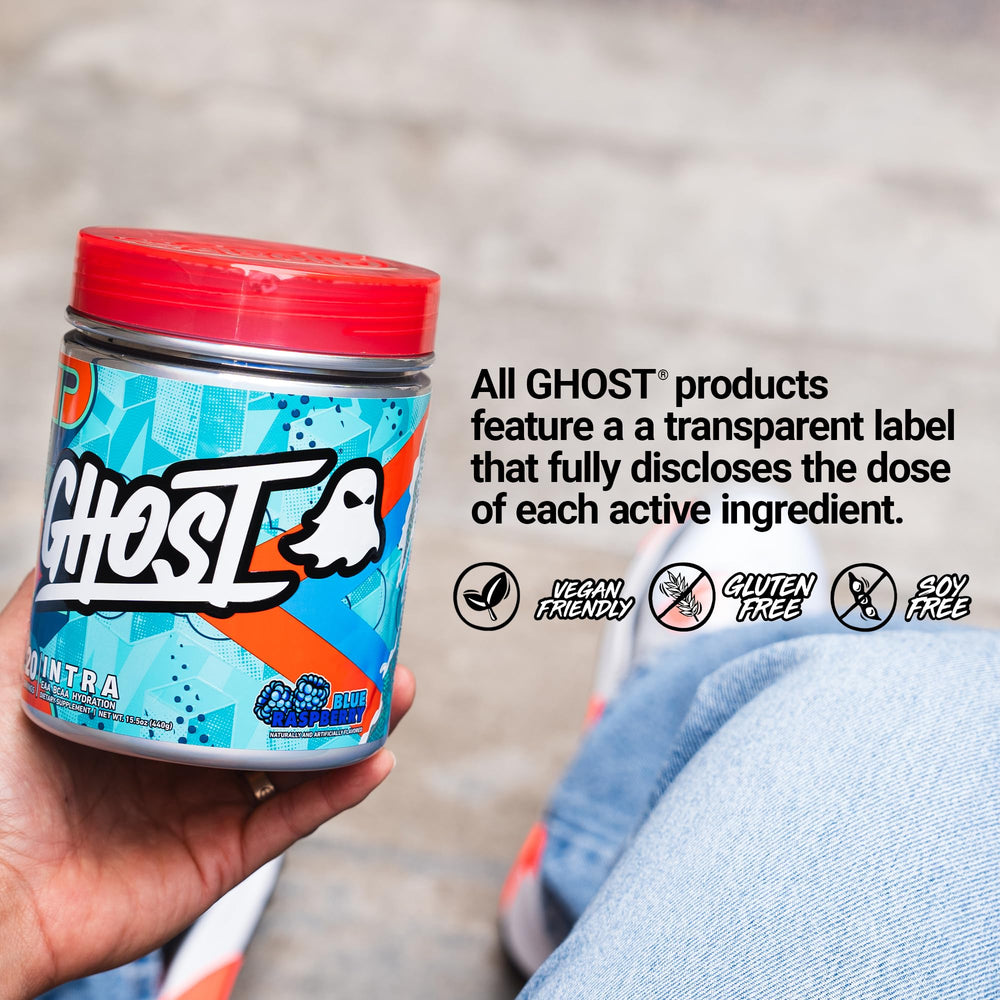 GHOST Intra mixed in a glass, blue raspberry flavor ready for hydration and focus.