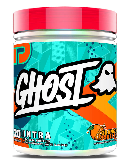 GHOST Intra Orange Squeeze bottle close-up showing hydration and focus for workouts.