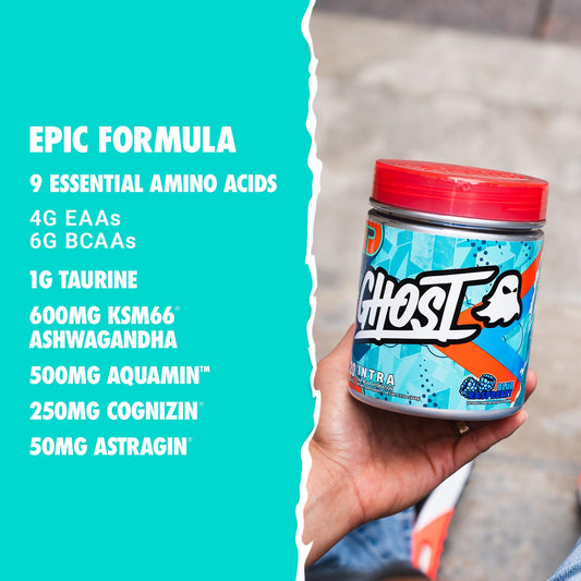 GHOST Intra scoop beside the tub illustrating precise dosing for consistent results.