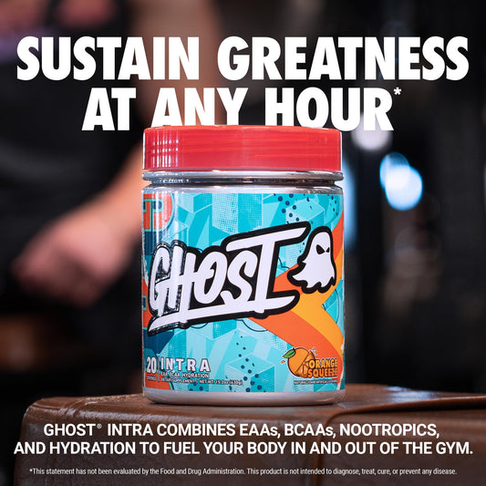 GHOST Intra serving scoop atop tub illustrating precise dosing for energy and recovery.