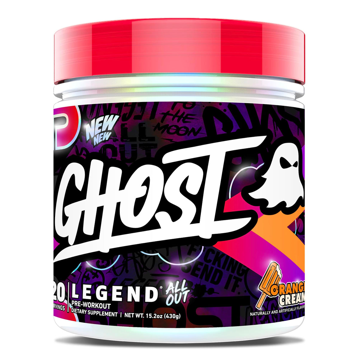 GHOST Legend All Out bottle in orange cream promotes sustained energy for workouts.