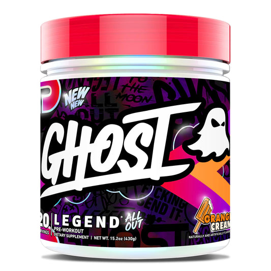GHOST Legend All Out bottle in orange cream promotes sustained energy for workouts.