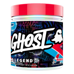 Ghost Legend All Out Merica Pop tub with vibrant powder and label, signaling energy potential.
